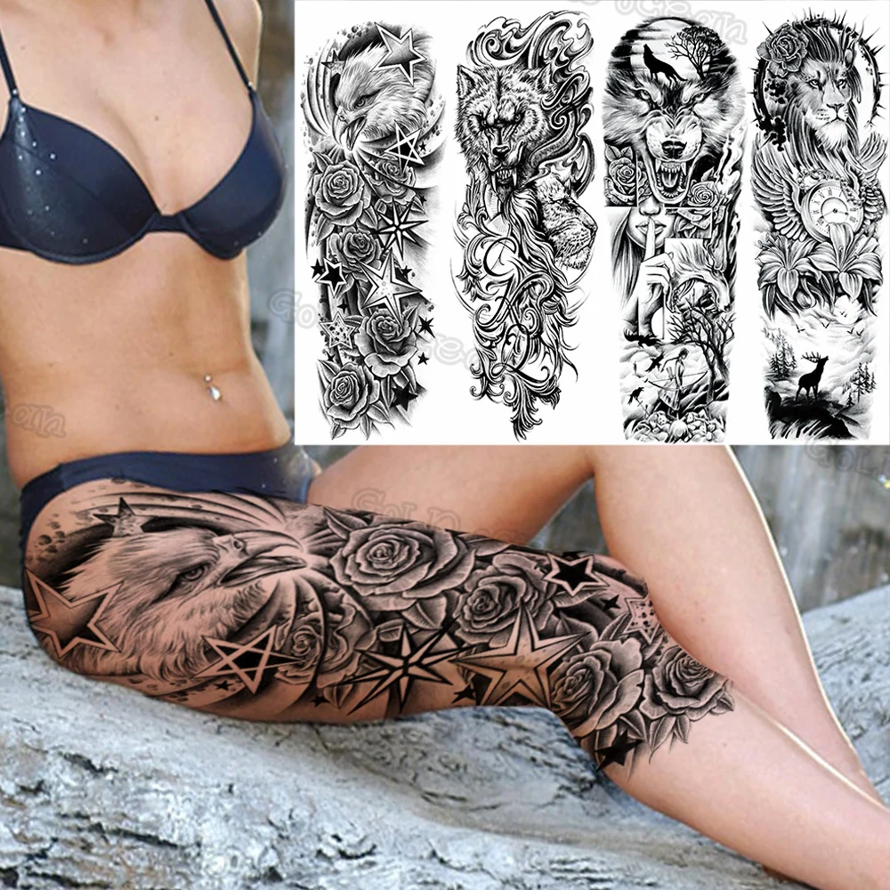 

Realistic Owl Temporary Tattoos Sleeve For Women Men Adult Wolf Lion Rose Flower False Tattoo Large Waterproof Body Art Tatoos