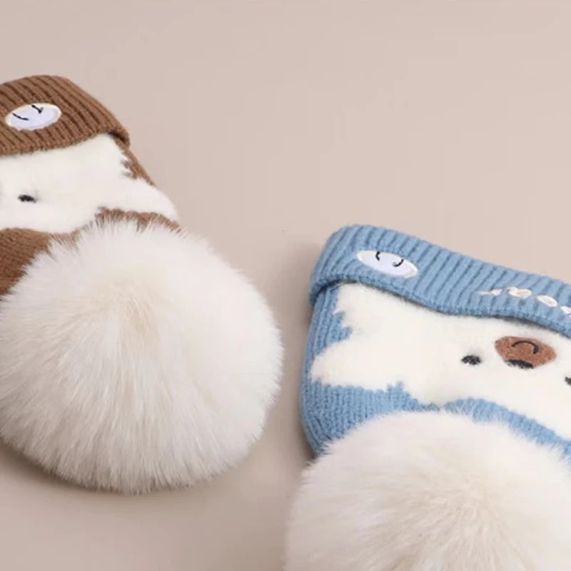 Cute Plush Ball Baby Woolen Hat Cartoon Bear Kids Ear Protection Cap 0-2year Children Winter Warm Pullover Cap Knitted Beanies 2