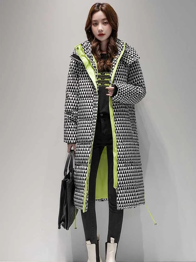 Winter Down Cotton Jacket Women 2022 New Streetwear Long Warm Thick Parkas Female Hooded Loose Plaid Padded Coats Outwear