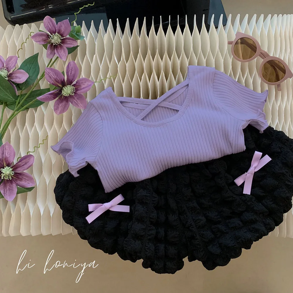 

Children's Summer Two-piece Set Girl's Contrasted Short Ruffles Sleeves Cross Design O-neck T-shirt+Bow Elastic Puff Mini Skirt