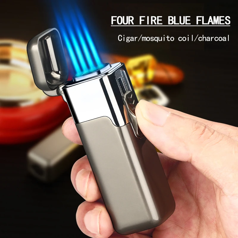 Metal Torch Gas Windproof Cigar Butane Lighter Four Fire Blue Flame Jet Adjustable Luxury Cigar Smoking Accessories Men's Gift