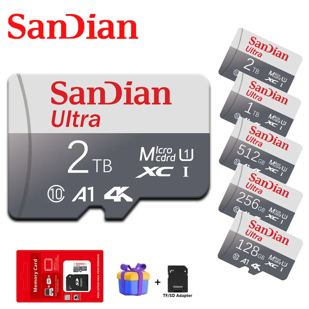 마이크로 TF SD 카드, 2TB 1TB SD/TF 플래시 메모리 카드, 512GB 256GB 미니 SD 카드, 128GB SD 메모리 카드, 태블릿 드론용 무료 어댑터