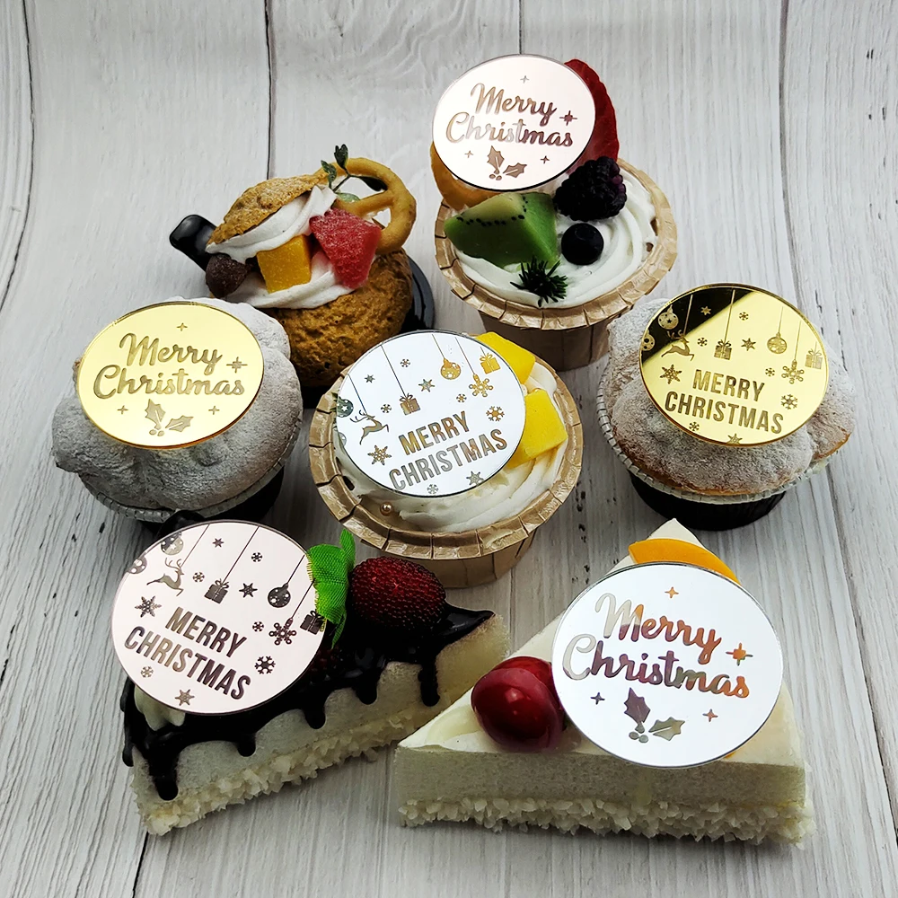 5pcs Merry Christmas Cake Topper Gold Silver Cake Decor Tools Snowflake Round Christmas Cake Decorations Xmas Party Supplies