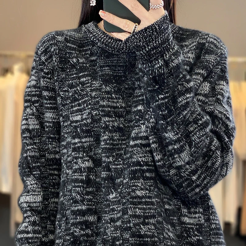 

Autumn/Winter 2023 New Women's Round Neck 100% Merino Wool Sweater Mixed Color Twisted Thickened Knit Pullover Top Clothes