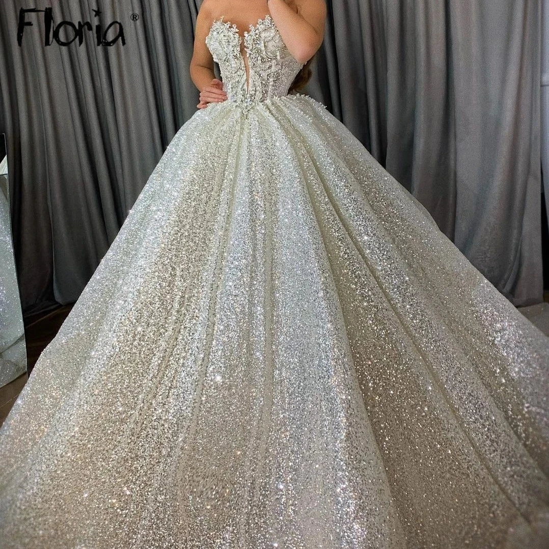 

Luxury Strapless Ball Gown Wedding Dress Beading Sequins Bridal Gowns Custom Made for Women Rhinestones Beaded Vestido de novia
