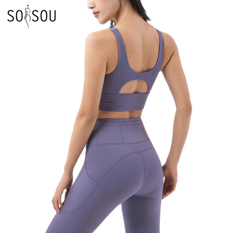 SOISOU New Women's Tracksuit Yoga Set Fitness Sportswear Stretch Soft Sports Suit Gym Clothes Bra Pocket Leggings Women's Suit