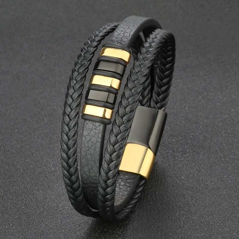 

Wholesale Popular Leather Cord Bracelet Bangle Stainless Steel Braided Bracelet Bangles Genuine Multilayer Jewelry Men's