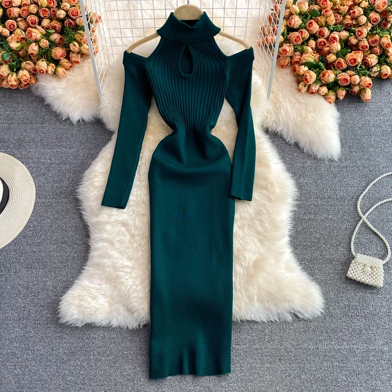 

Mamcy women dress turtleneck hollow out Sexy Wrap Hips Cut Out Shoulder Knitted Dress Elegant Lady High Street sheath Vestido