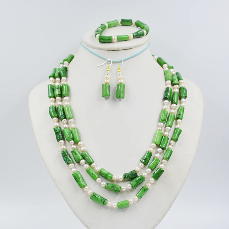 

Classic 3 Row Natural Green Coral/Pearl Necklace/Bracelet/Earrings Set. European women's luxury wedding jewelry. 19-23 inches