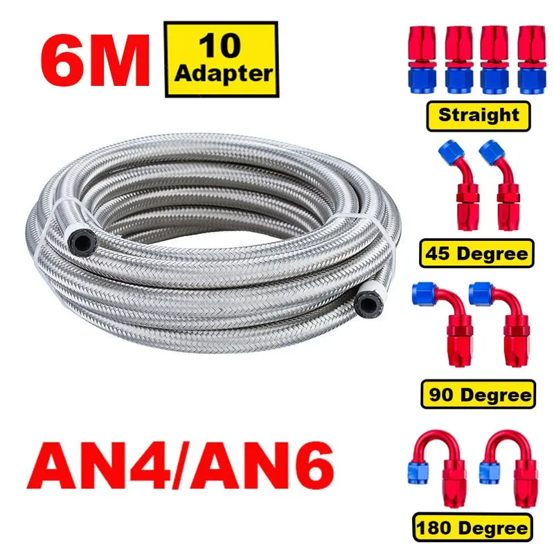 

20FT 6M AN4 AN6 Stainless Steel Braided CPE Rubber Car Fuel Hose Line 0/45/90/180 Degree Hose End Fitting Adapters Hose Line Kit