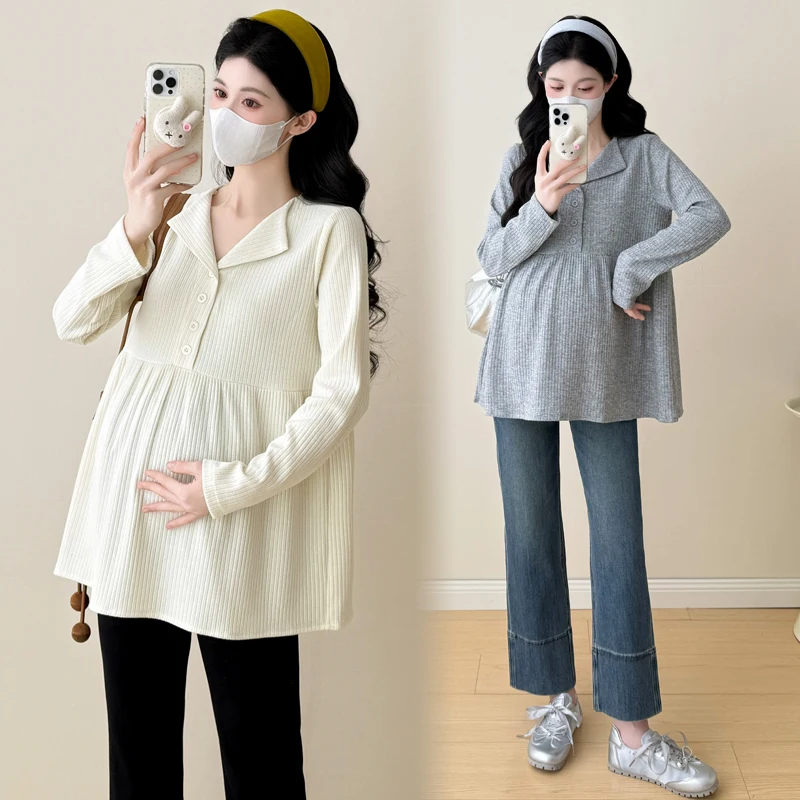 Z82301    임산부용 니트 블라우스, 턴다운 칼라 탑