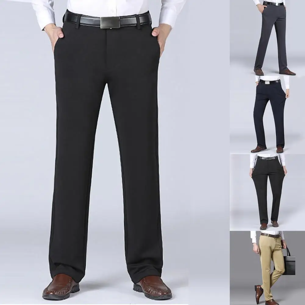 Men Business Pants Stretchy Spring Autumn Mid Waist Straight Loose Trousers Business Suit Pants Pockets Father Trousers