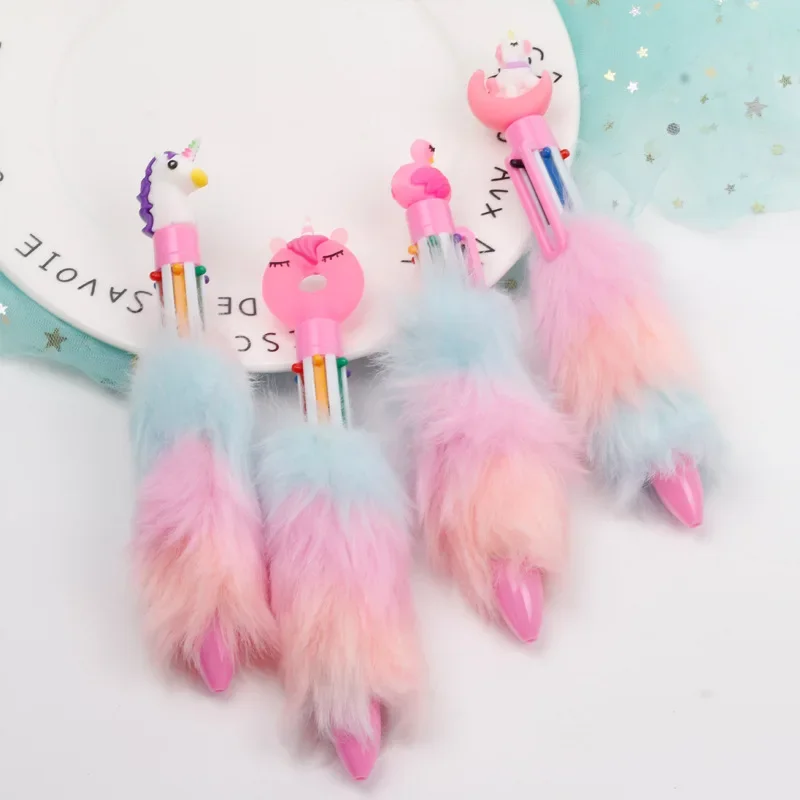 

Dreamy Cute Cartoon 6 Colors Plush Ballpoint Pen 0.5mm Creative Rainbow Unicorn Villus Pink Pen Girl Stationery School Supplies