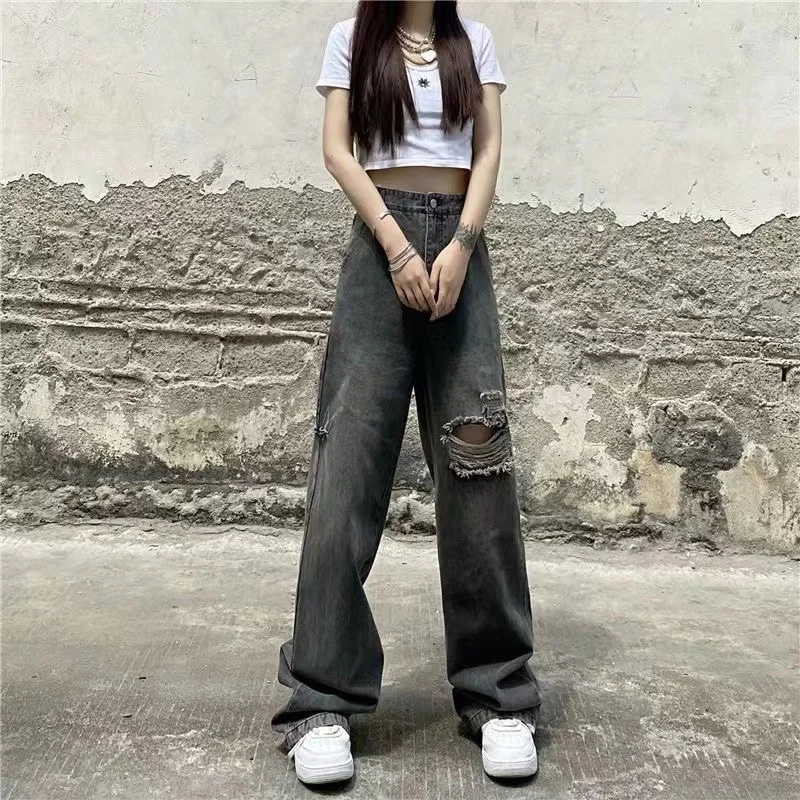 Vintage Gray Baggy Jeans Women Loose Hole Full Length All Match Fashion