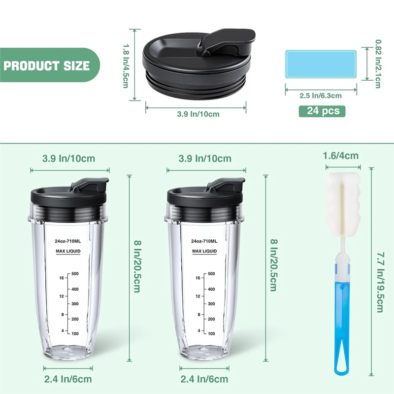 【PLAISIR】닌자용 BN401 BN751 BN801 BN800 24온스 블렌더 컵 교체용 2팩(씰 뚜껑 포함), 24개 쓰기 가능 라벨
