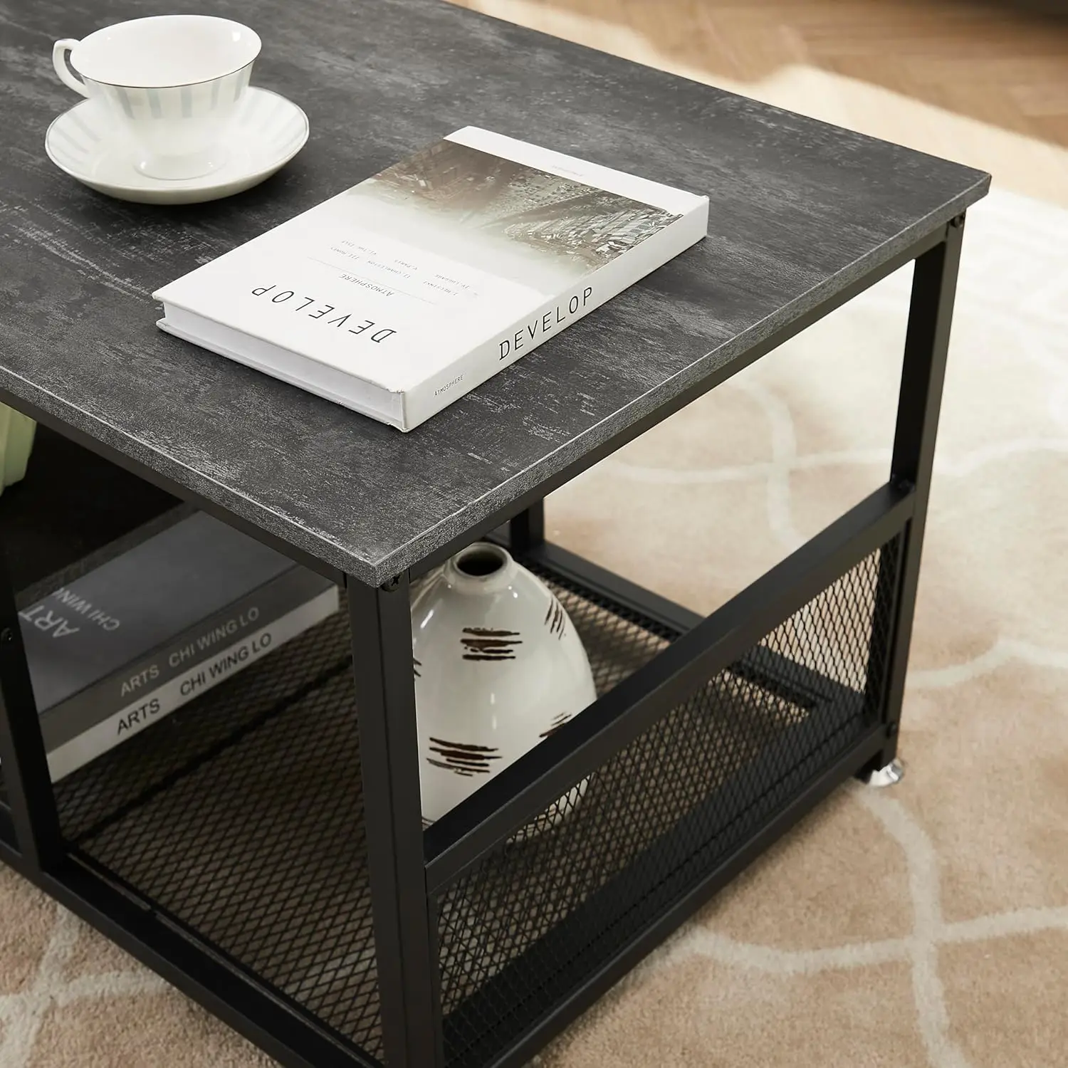 NEW Coffee Center Table with Storage for Living Room Office Reception, Modern & Industrial Mesh Shelf, 39.4 Inch, Charcoal Grey 5