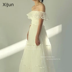 Xijun Fairy Ivory Tulle Wedding Dresses Boat Neck Ruffles Korean Prom Dresses Formal A-Line Bridal Gowns Photoshoot Party Gowns