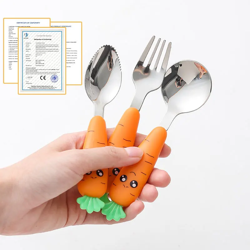Stainless Steel Cutlery Set Fork Spoon Set Baby Cutlery Children Carrots Tableware Set 3PCS Stainless Steel Spoon Fork Flatware With Box Kids Dinnerware Baby Feeding Kitchen Supplies