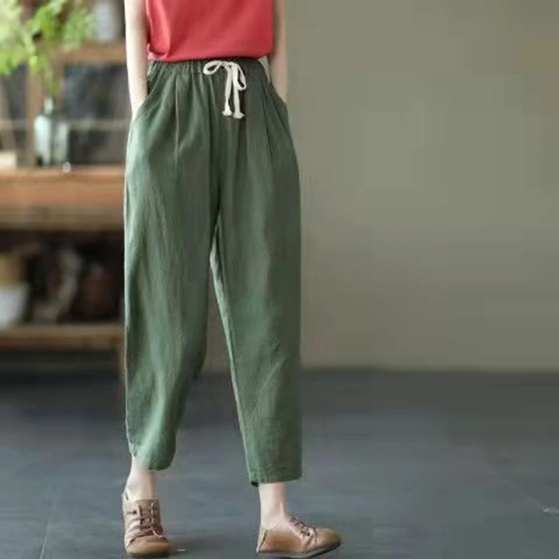 thumbnail image 1 of Pantalones harén de lino y algodón de moda para mujer, pantalones holgados de cintura alta elásticos hasta los tobillos, pantalones casuales sólidos con bolsillos retro para mujer, 1 of 4