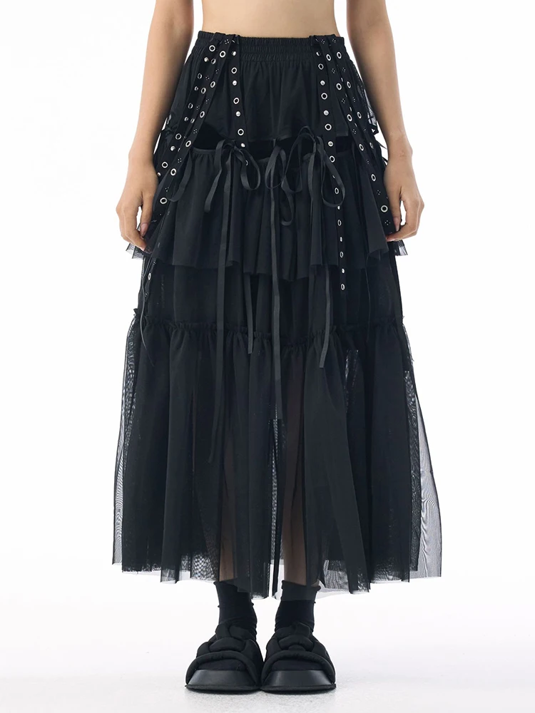 [EAM] High Elastic Waist Coffee Mesh Perspective Ribbon Strap Half-body Skirt Women Fashion Tide New Spring Autumn 2026 1DJ5044