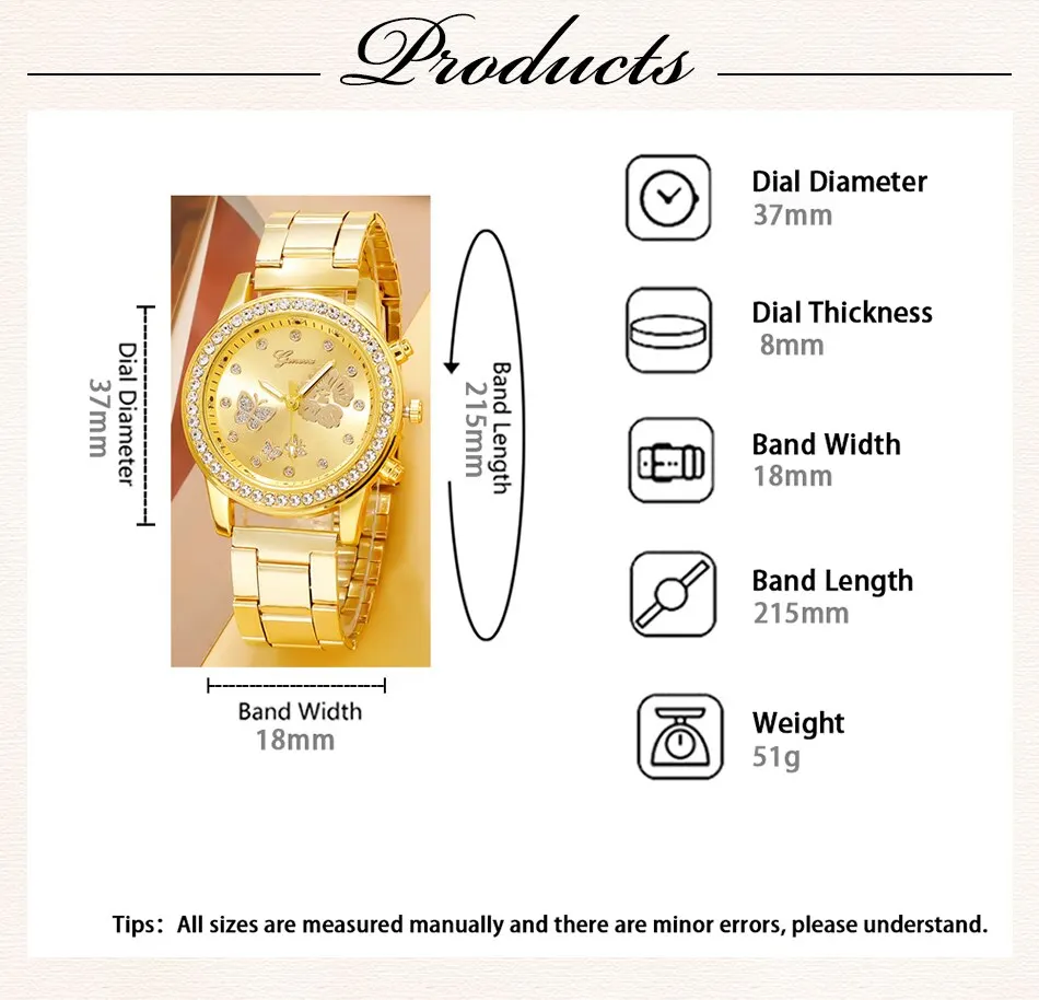 Sc85bafe118b54268ab0b4d395d9a45b13 6PCS Set Gold Luxury Watch Women Ring Necklace Earring Rhinestone Fashion Wristwatch Casual Ladies Bracelet Watches Montre Femme Mallzona