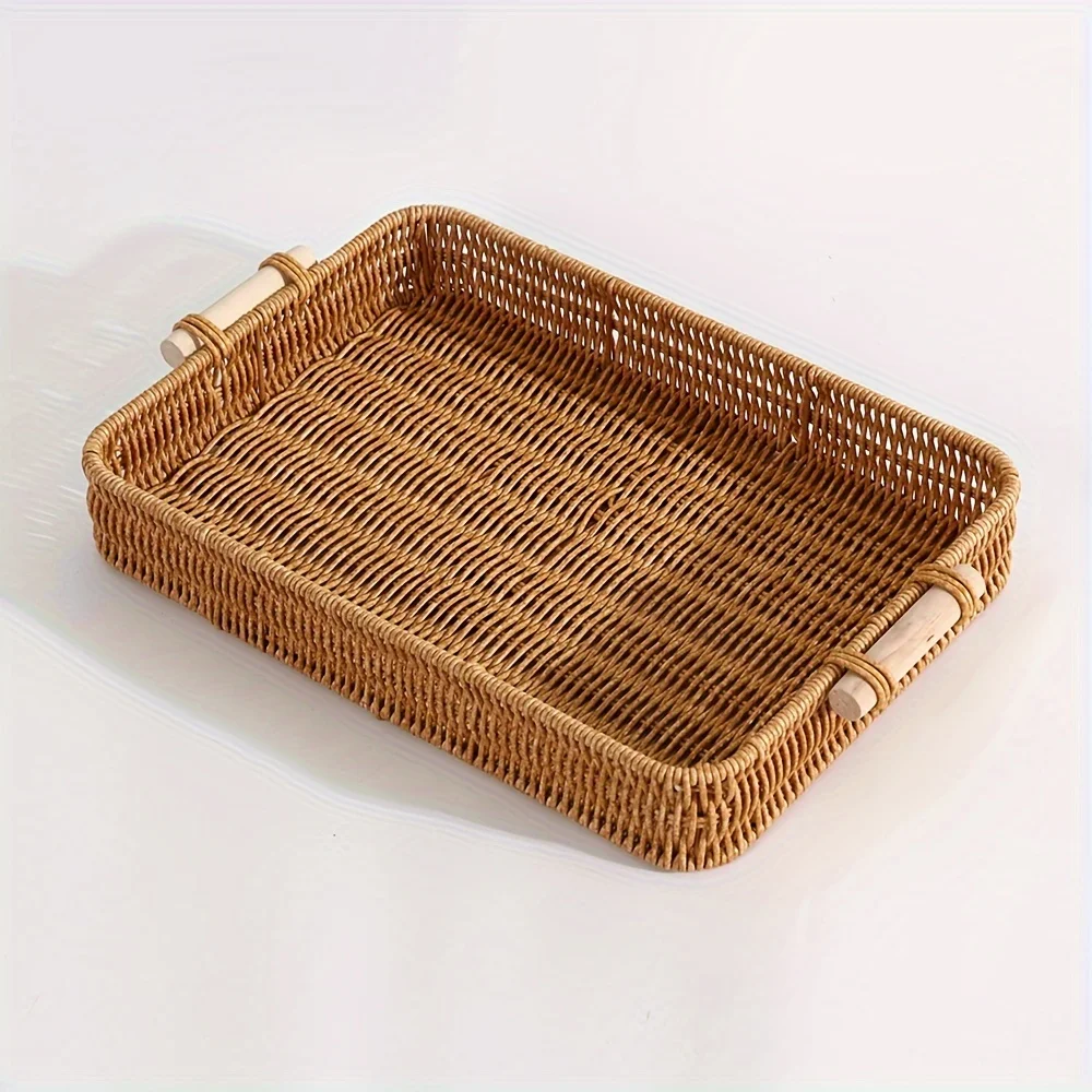 Stackable Woven Rattan Storage Basket - Organizer with Wooden Handle for Home Kitchen Bathroom Bedroom Hotel  Shelf  Storage Box 3