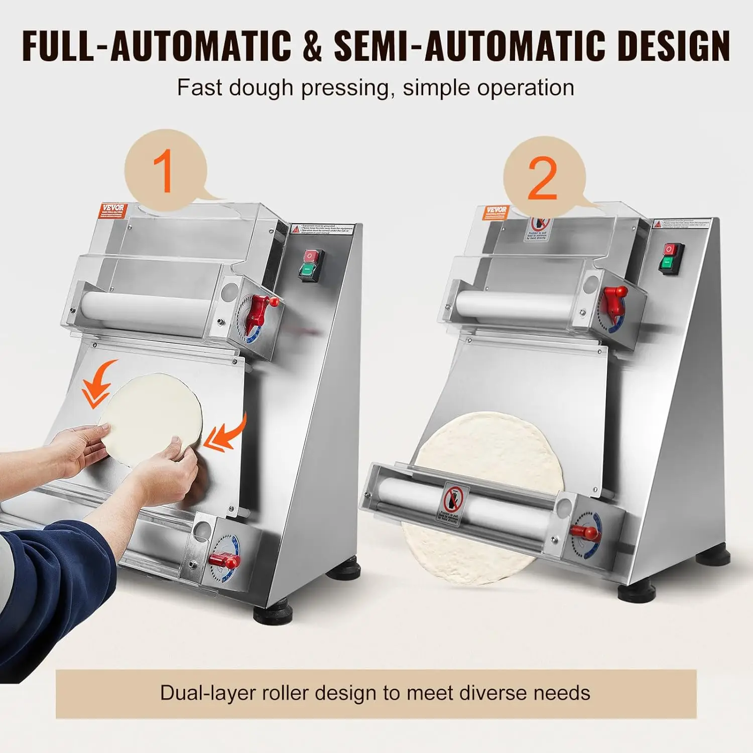 Pizza Dough Roller Sheeter, 3-15 Inch Automatic Commercial Pizza Press, 390W Electric 260 Per Hour Dough Roller