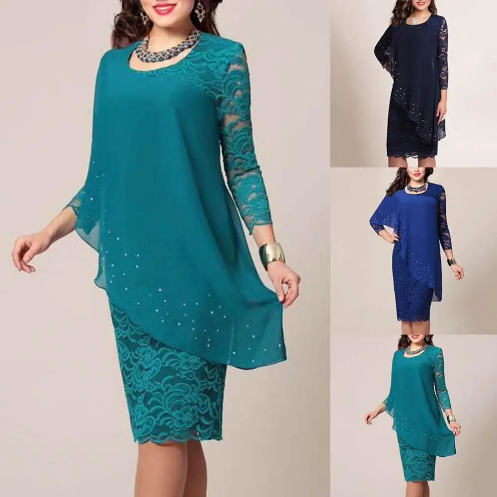 

Plus Size Solid Color Women Double Layer 3/4 Sleeve Round Neck Bodyon Midi Dress