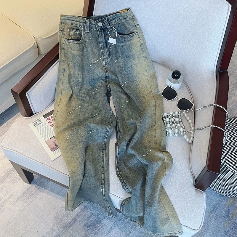 

Женские джинсовые брюки с завышенной талией, синие прямые джинсовые брюки в Корейском стиле, широкие мешковатые джинсовые брюки в стиле ретро, Y2K