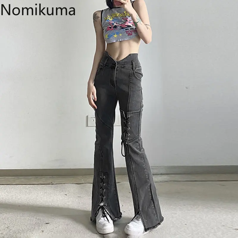 

Vintage Jeans for Woman Fashion Bandage Tunic Flare Pants Y2k Clothes High Waist Pantalon Femme Casual Split Korean Trousers