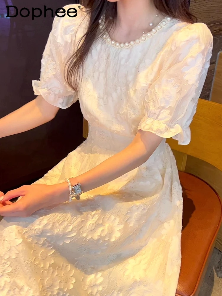 

Exquisite Embroidered Flowers Lace Dress Women 2024 Summer New French Puff Sleeve Sweet Beaded Neckline Slim Elegant Dress