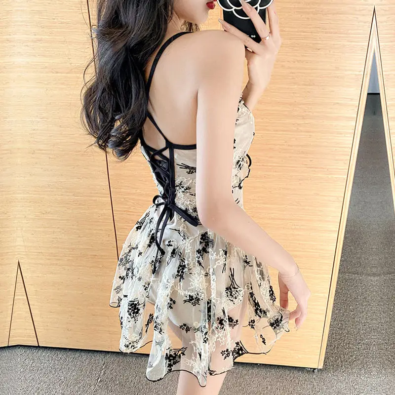 2023 Women's Sexy Fashion Printed Sling Swimwear Summer Fashionable Mesh Patchwork Female Vintage One-Piece Swimdress Beachwear