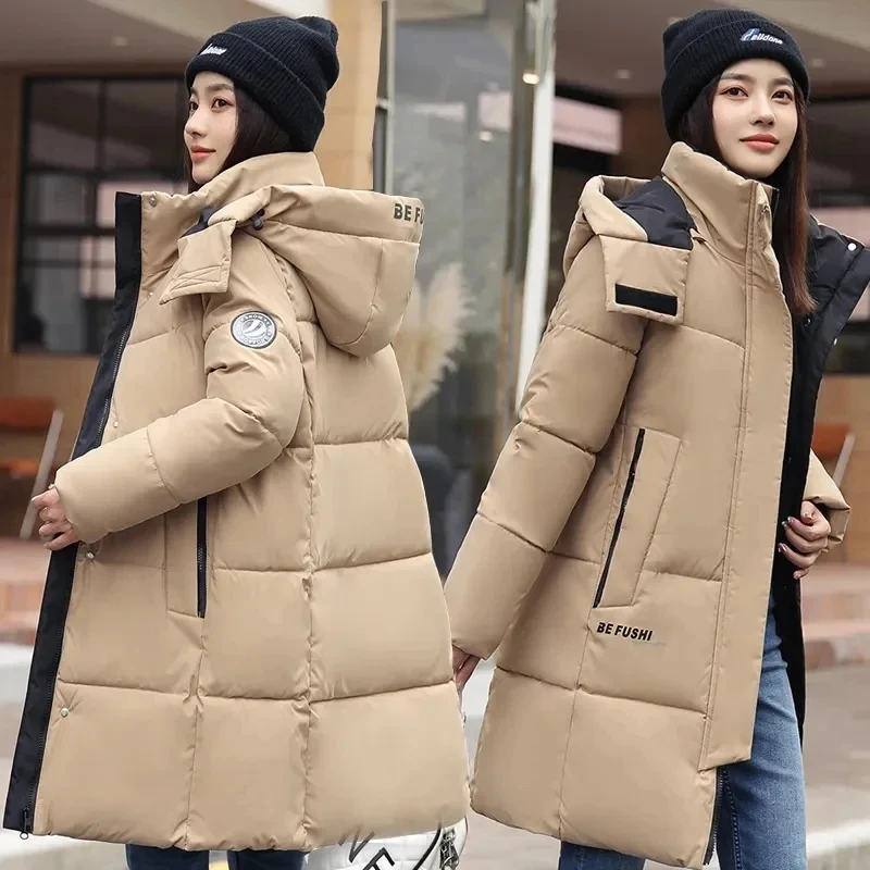 

Women Hooded WinterNew Jacket Korean Down Cotton Jacket Solid Long Fashion Warm Parka Loose Casual Snow Wear Coat Outwear Ladies