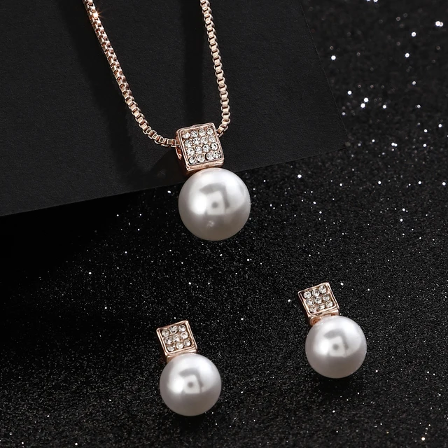 Fashion Women Elegant Imitation Pearl Necklace Earrings Rhinestones Geometry Necklaces Bride Wedding Party Jewelry Set Gifts New 3