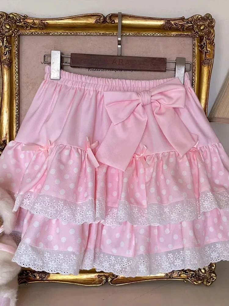 Zoki Kawaii Bow Cake Skirt Women High Waist Cute Dot Sweet Mini Skirts Fashion Casual Japan Female Solid Summer A Line Skirt New 3