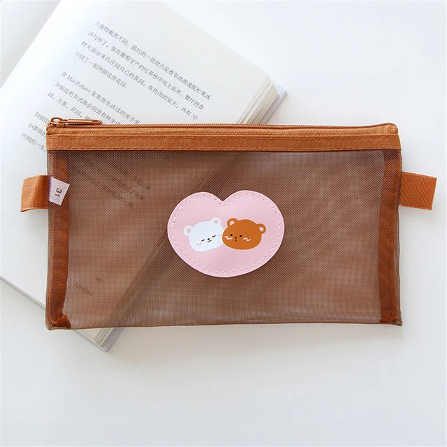 Cute Bear Transparent Mesh Pencil Case Ins Portable Toiletry Makeup Pencil Bag Stationery Gift School Pencil Box Crafts Supplies Love bear-M