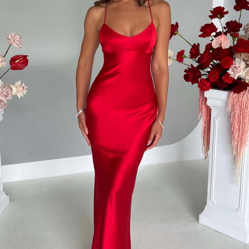 Autumn New Women's Clothing Slim Women's Sexy U-neck Suspender Satin Dress Spring and Summer Fashion Halter Strap Waist Dress