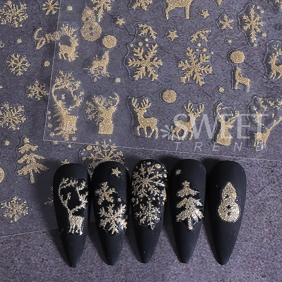 5pcs Glitter Christmas Nail Stickers Gold Silver Elk Snowflake Xmas Tree Self-adhesive Nail Decal DIY Manicure Decoration Slider