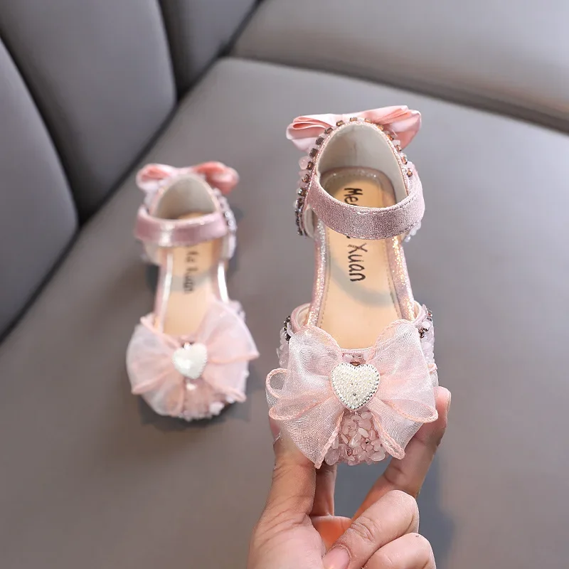 

Girls Sandals for Princess Summer Elegant Bowtie Children Ballet Dress Shoes Fashion Sequins Causal Kids Pearl Flat Sandals Soft