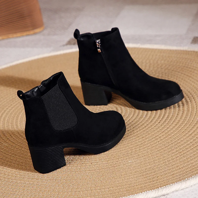 

Женские однотонные ботильоны без застежки, повседневные ботинки с круглым носком и квадратным каблуком, большие размеры, Осень-зима 2023