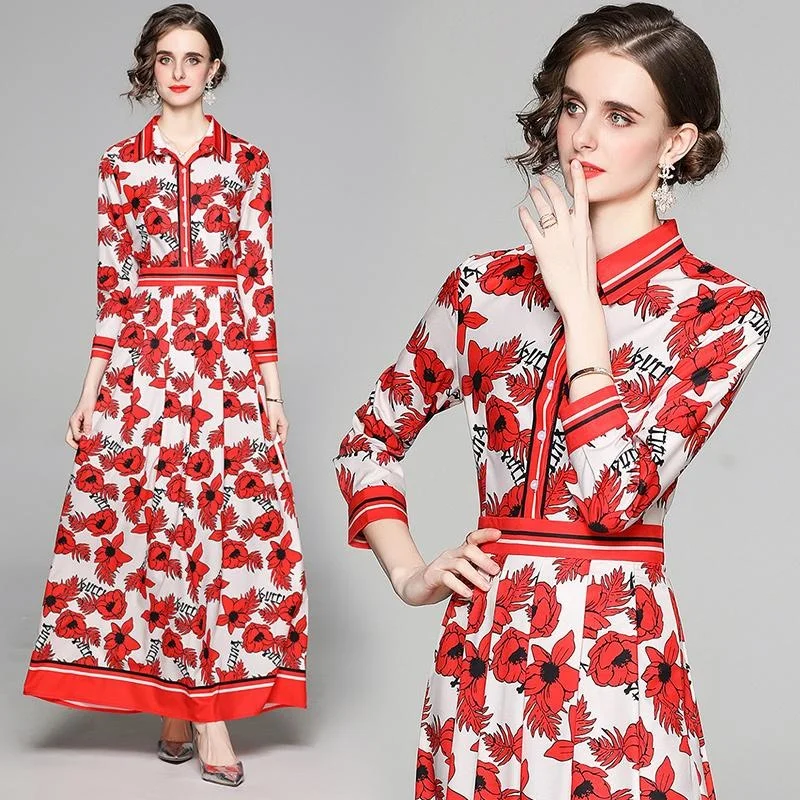 

Women Trendy Wrist Spring Summer Dresses Red Color Cute Flower Printed Softerable Big Swing Elegant Corest Leisure Vestidos