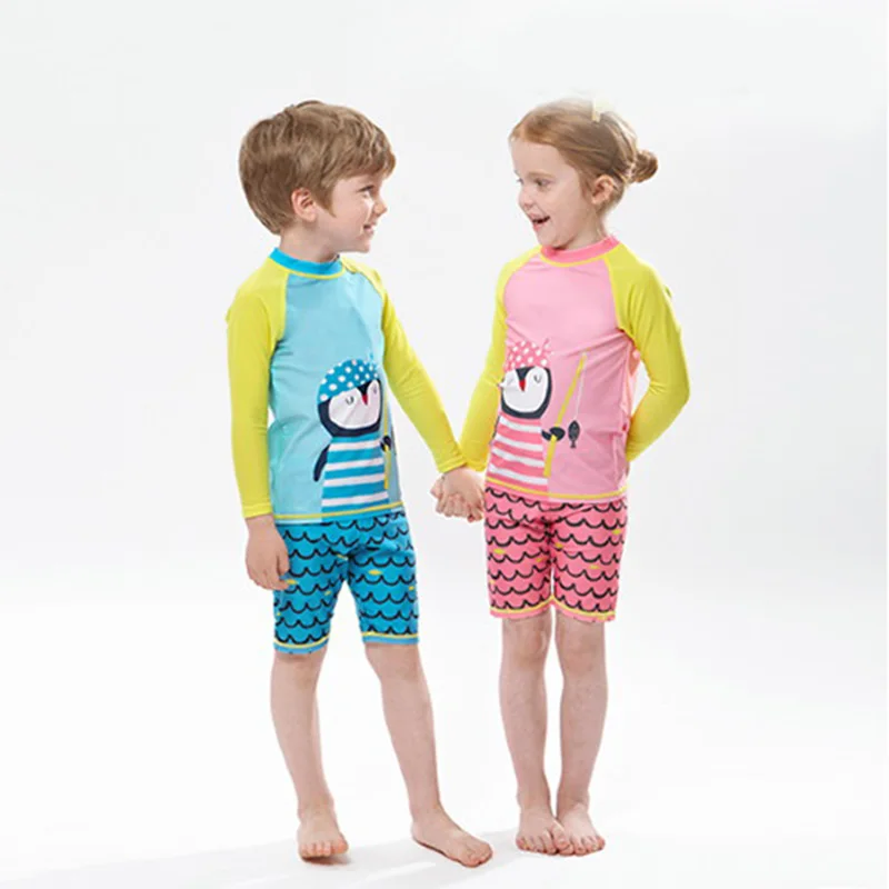 Children's two piece Penguin swimwear for medium/big boys Long sleeve Sun-proof Fast dry Swimming suit Bathing suit children swimwear
