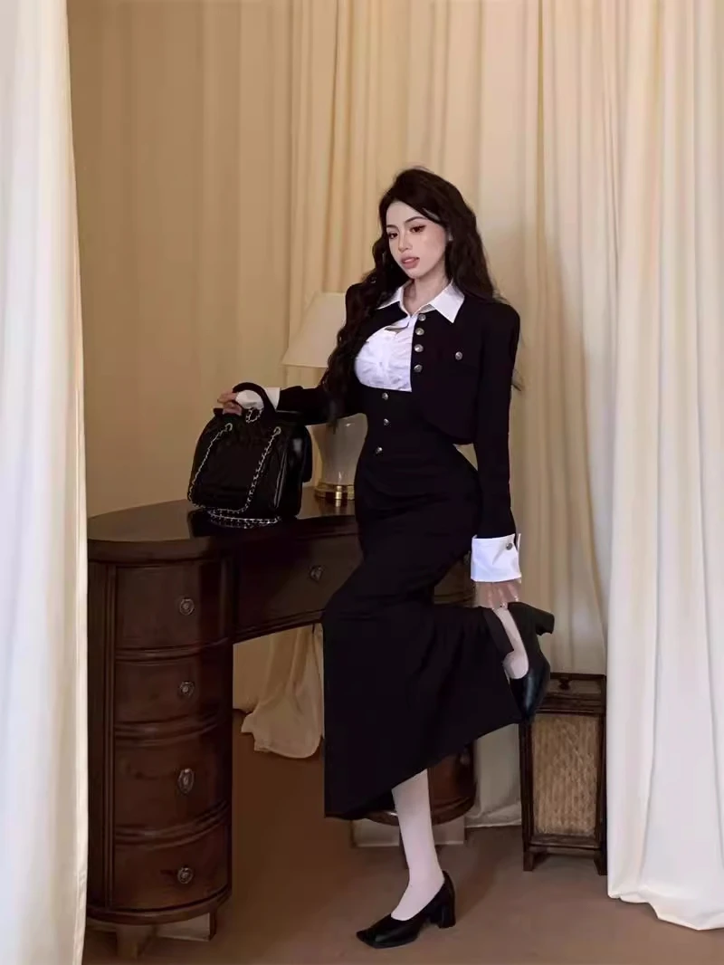 Y2K 3-piece Set Women Crop Coat Blazer White Shirt Halter Sleeveless Bodycon Midi Dress Autumn New Female Korean Chic Outfits