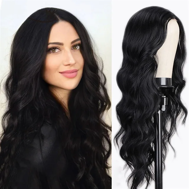 Perruque synthétique noire à la mode, grandes vagues, cheveux longs et bouclés, cheveux longs et moelleux, perruque en soie haute température, couverture complète de la tête 1