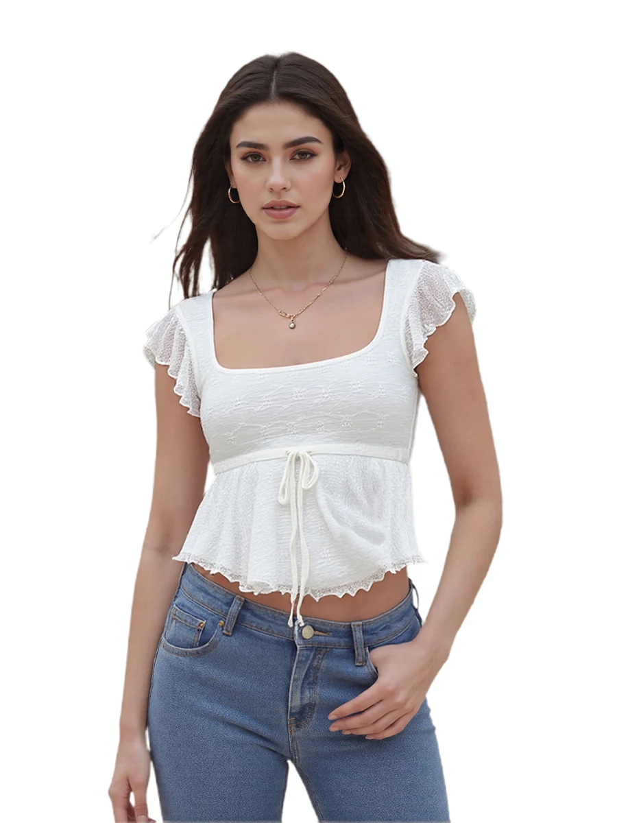 Women s Elegant Off-Shoulder Ruffle Crop Top with Square Neckline and Front Tie Bow Detail in Floral Jacquard Fabric