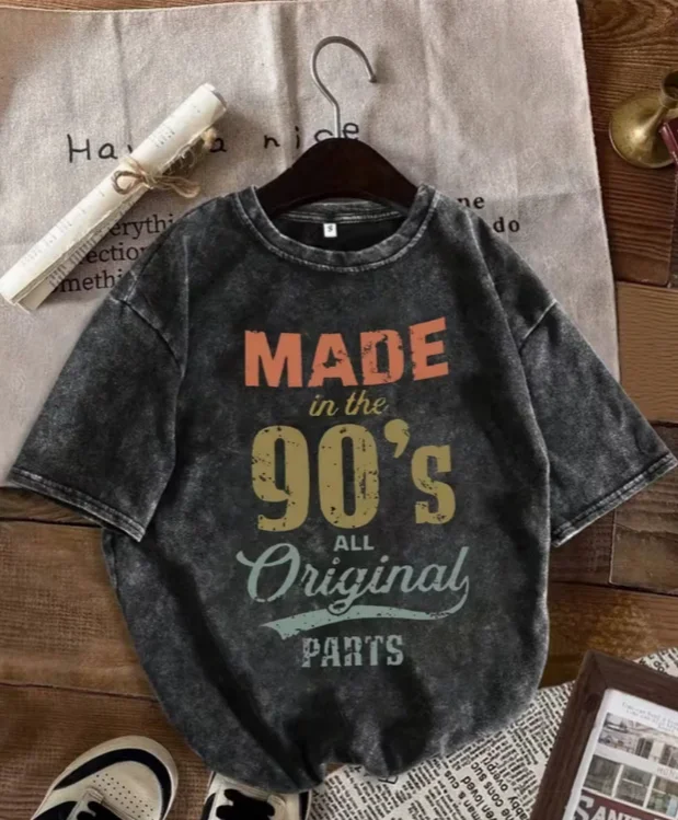 Vintage T-Shirt für Damen und Herren, Made in the 90s Print, gewaschenes T-Shirt, lässig, kurzärmelig, O-Ausschnitt, Retro Streetwear, lockere Oberteile, Unisex