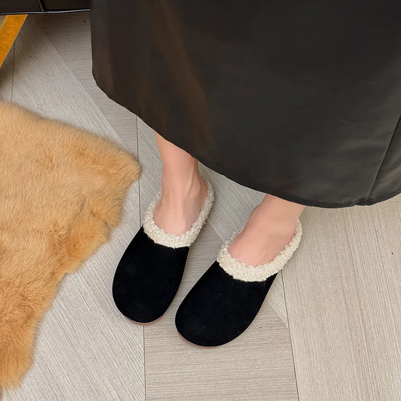 2025 Autumn New Thick-soled Wool Shoes with One Foot, Flat-bottomed Lazy Bag Head and Half Slippers, Women