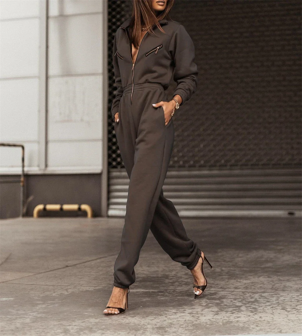 2023 Fleece Hoodie Jumpsuits Women Autumn Winter Casual Zipper Drawstring Playsuit Female One Piece Rompers Tracksuits