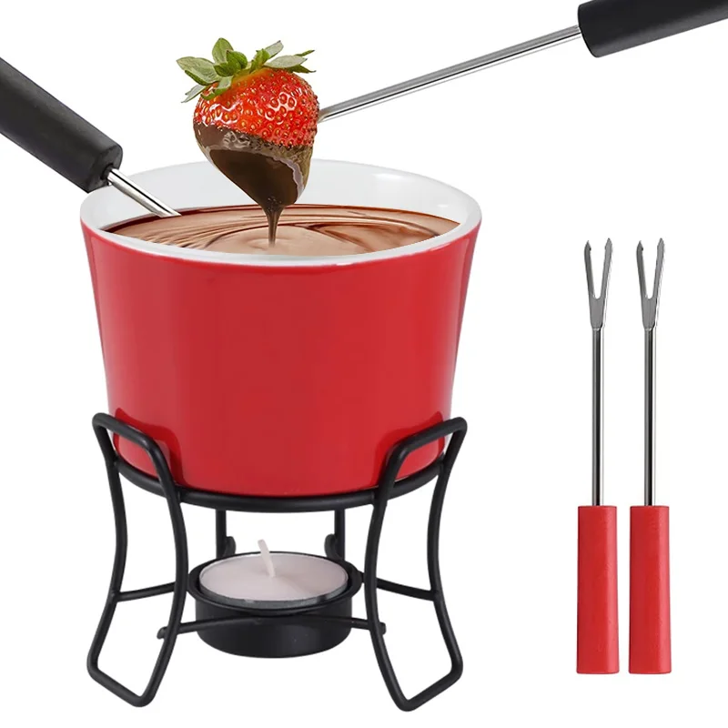 

Chocolate Fondue Set 260ml Ceramic Mug with 2 Forks 1 Candle Ice Cream Bowl Chocolate Butter Cheese Warmer Pot Home Hot Pot Cup