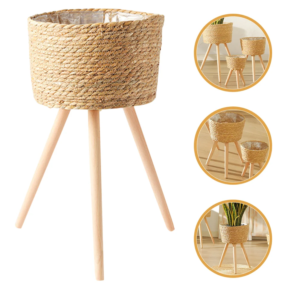 Supporto Per Piante In Rattan, Vaso Intrecciato Su Gambe In - Foto 14